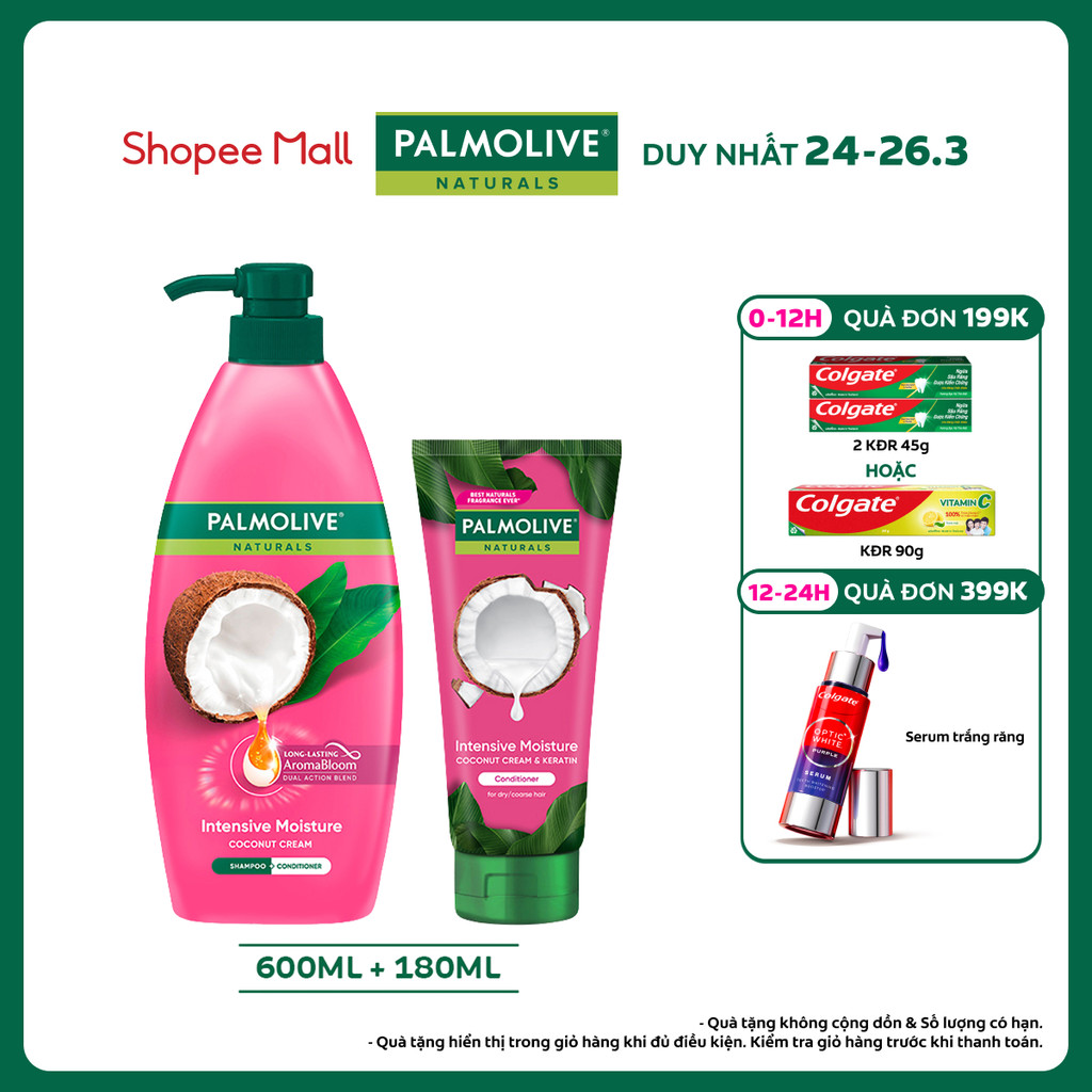 Bộ đôi Dầu gội Palmolive 600ml và Dầu xả 180ml chiết xuất thiên nhiên cho tóc mềm mượt, lưu hương dài lâu