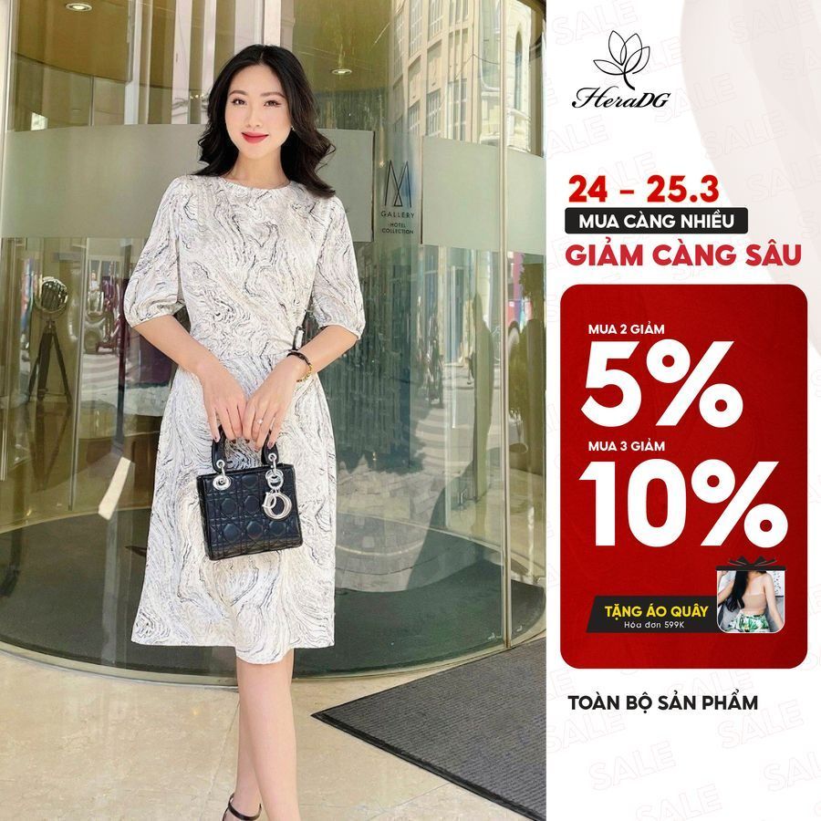 Đầm Nữ Chữ A Họa Tiết HeraDG Dáng Xòe Thiết Kế Đai Eo 1 Bên HeraDG Chất Liệu Lụa Cao Cấp SDPBC3048