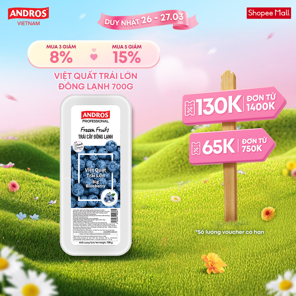 Việt Quất Trái Lớn Đông Lạnh - Không chất bảo quản - Trái cây đông lạnh ANDROS IQF - 700g - [Chỉ giao HCM]