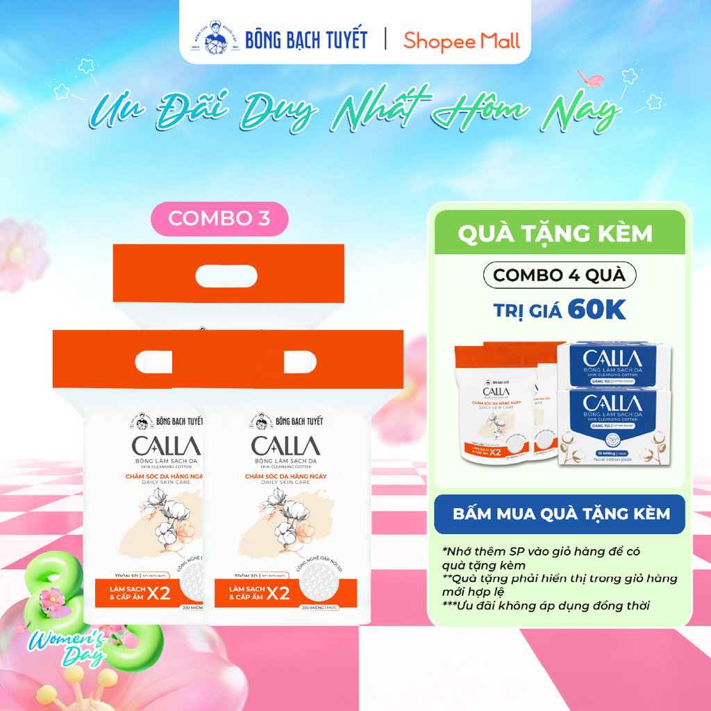 [MỚI - TÚI ZIP] Combo 3 Bông tẩy trang làm sạch da Bông Bạch Tuyết Calla tròn 3D 200 miếng/gói
