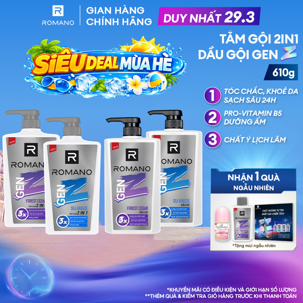 Tắm gội cho nam 2in1 cho nam / Dầu gội nam Romano Gen Z hương Sea Breeze/ Forest Cedar 610g / chai -