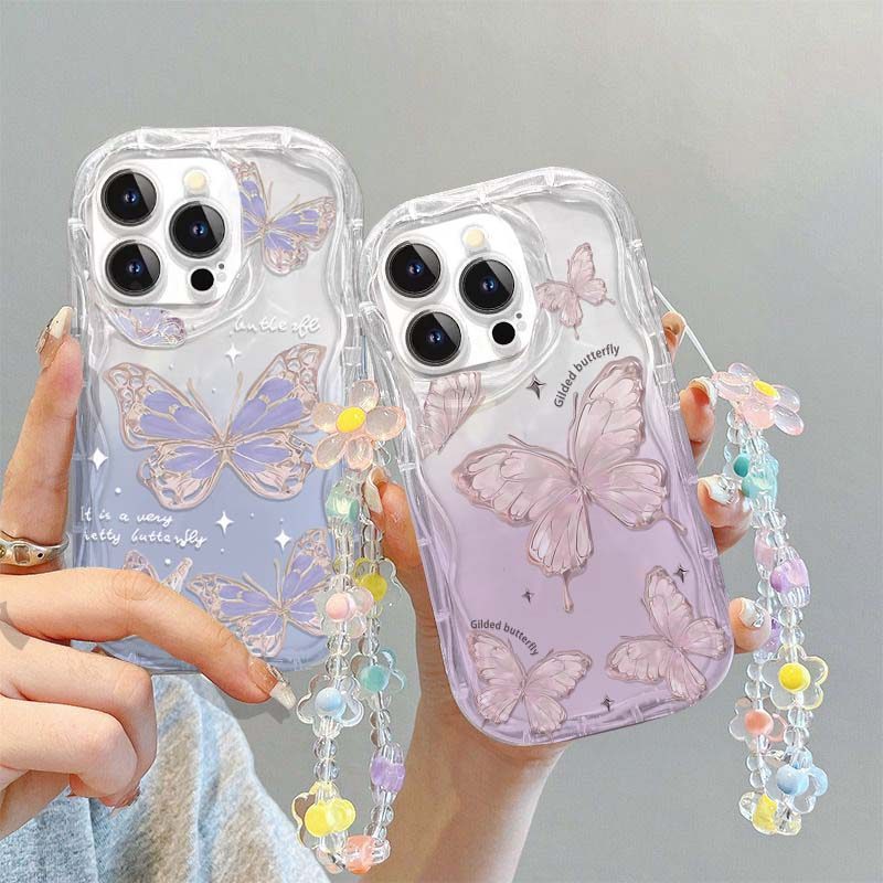 Bướm Dễ Thương Có Hoa Dây Đeo Cổ Tay Cho IPhone 16 15 Pro Max Plus 16E SE4 Ốp Lưng Điện Thoại Silico