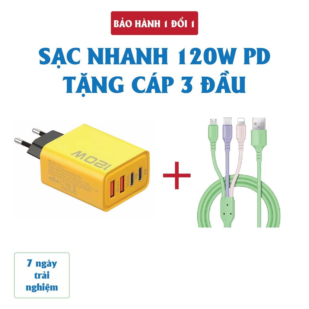 Cốc sạc 4 cổng, 120W: 2 cổng Type C + 2 cổng USB – Tặng cáp sạc nhanh 3 đầu – Củ sạc 120W, Cốc sạc 1