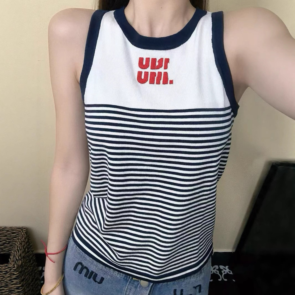 MHPO MIU*MM miu Home25Summer New Letter Embroidery Striped Color-Block Knitted Vest Top