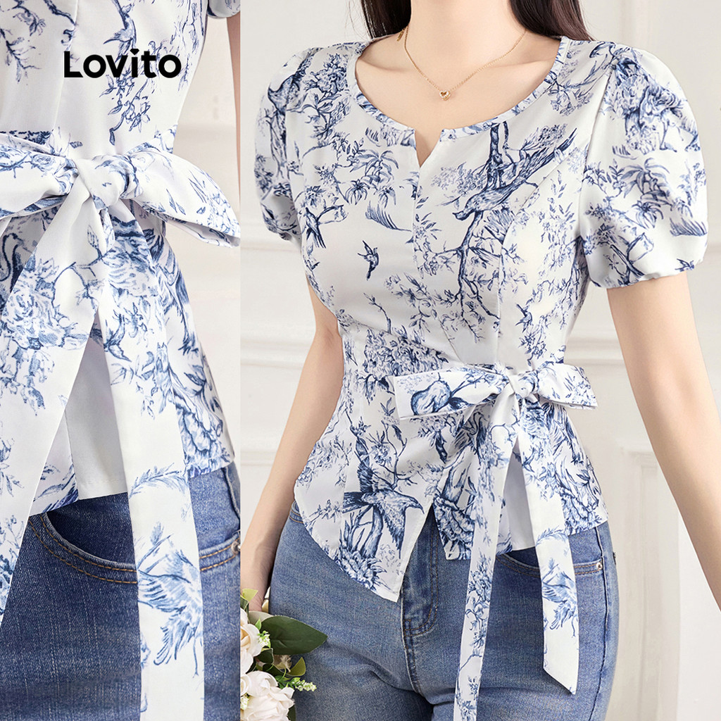Lovito Áo sơ mi dáng thắt nơ mùa xuân/hè áo sơ mi xanh dành cho phụ nữ L150AD886