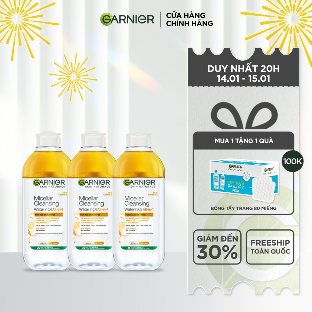 Bộ 3 nước làm sạch và tẩy trang cho da khô & trang điểm lâu trôi Garnier Micellar Water Oil-Infused 400mlX3