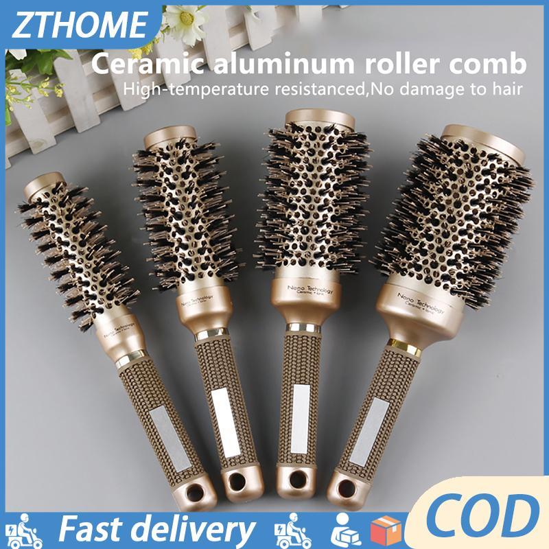 Null Professional Thermal Ceramic Ionic Round Barrel Tay cầm chống trượt Bàn chải tóc vàng rỗng
