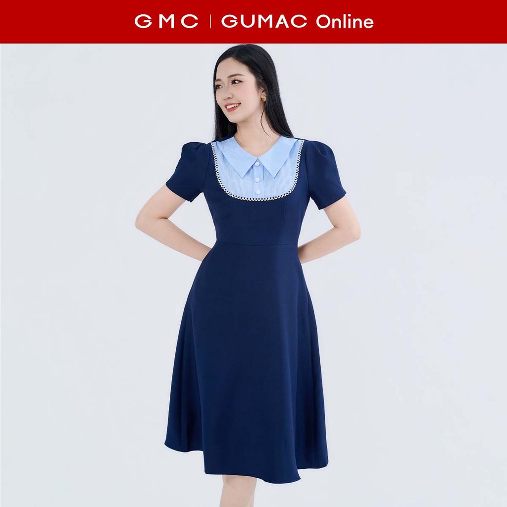 [MUA 2 GIẢM 25K] Đầm nữ dáng A xòe cổ phối sọc tay ngắn có túi thời trang GUMAC LDF0902
