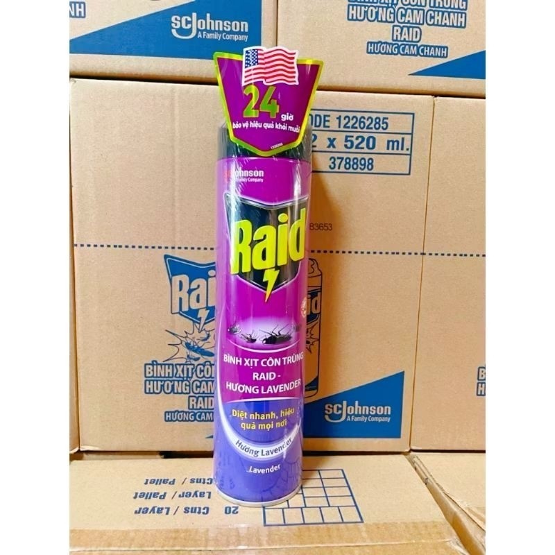 🪻Xịt Côn Trùng RAID 520ml Chai To Hương Lavender, Xịt RAID Dán, Muỗi, Kiến Chính Hãng🪻