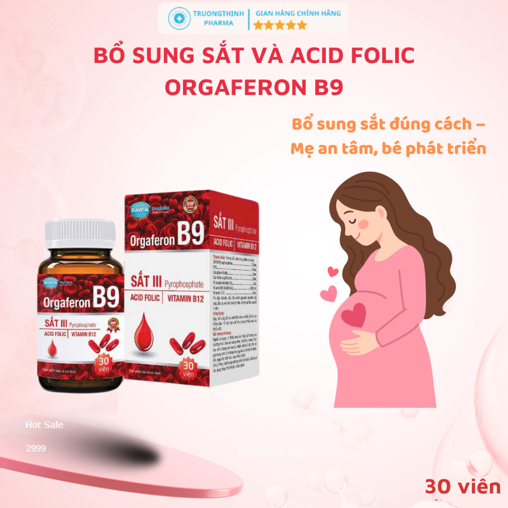 Viên uống ORGAFERON B9 bổ sung sắt và acid folic, ngừa thiếu máu, hỗ trợ tạo hồng cầu