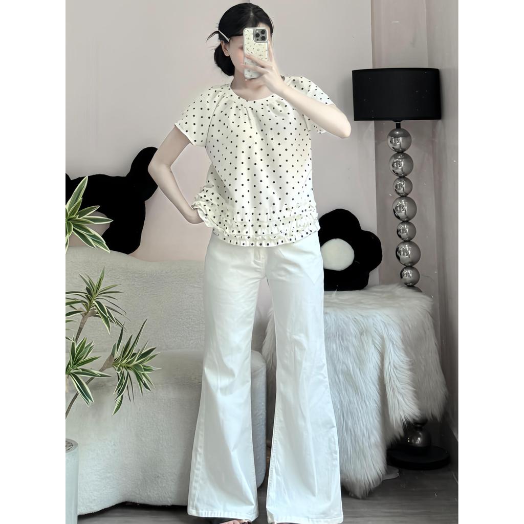 Áo Kiểu Nữ Chấm Bi Phối Bèo 3 Tầng Xinh Xắn Chất Liệu Đũi Thô Mềm Mát PhulinhFashion MS226 | BigBuy360 - bigbuy360.vn
