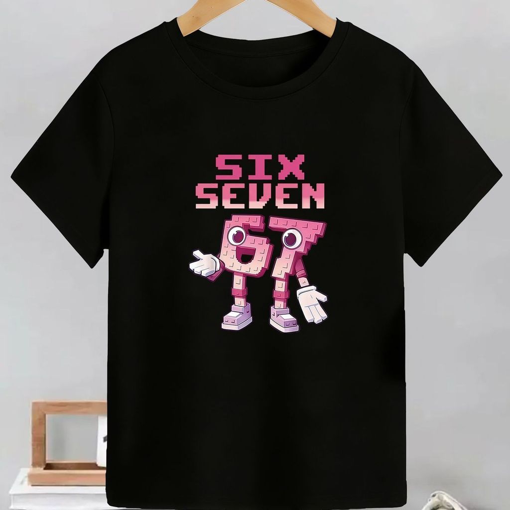 Trẻ em Six Seven 67 Pixel Letter Graphic Shirt Phong cách hoạt hình Áo thun ngắn tay