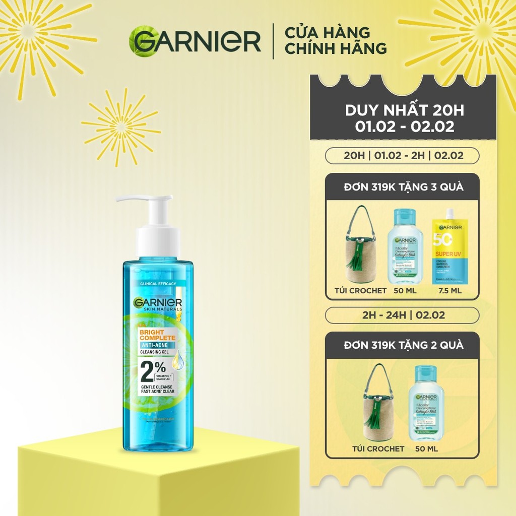 Sữa rửa mặt dạng gel sạch thoáng dịu nhẹ Garnier 2% [BHA, Vitamin C] cho da dầu mụn 120ml