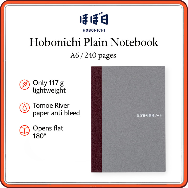 Hobonichi Plain Notebook A6 | 240 Page Tomoe River Paper Journal & Sketchbook | Lightweight, Opens F
