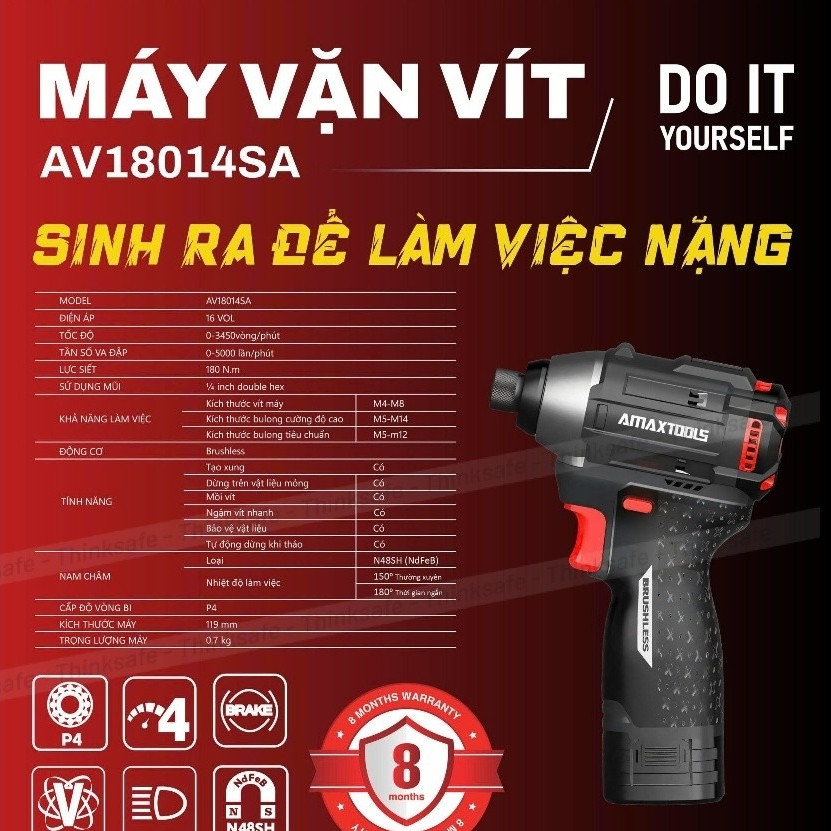 Bộ máy bắn vít 16V Amaxtools AV18014SA lực siết 180Nm siêu mạnh, động cơ không chổi than siết vít, v