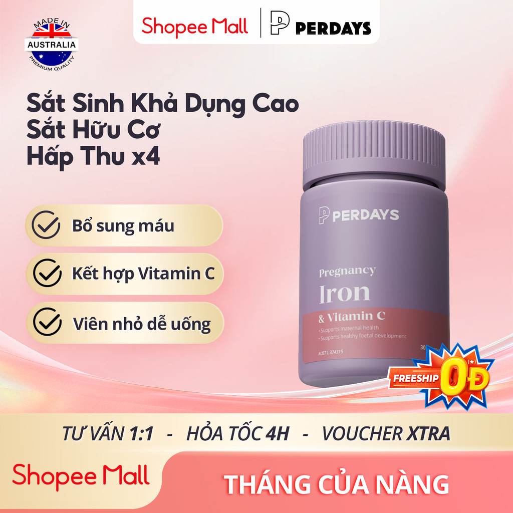 Viên uống Sắt Hữu Cơ - Sắt PERDAYS Sinh Khả Dụng Cao - Bổ Sung Máu Thiếu Sắt - Lọ 30 Viên