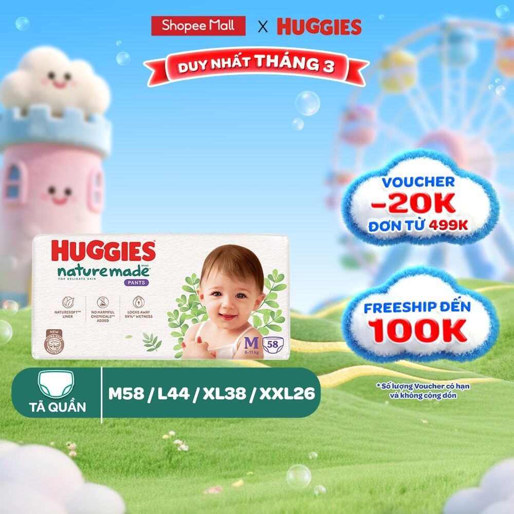 Tã/Bỉm quần Huggies NatureMade M58/L44/XL38/XXL26/XXXL28