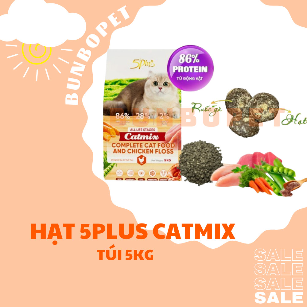 Hạt Mèo 5Plus, Hạt Cho Mèo 5Plus Catmix Ruốc Gà Túi 5kg