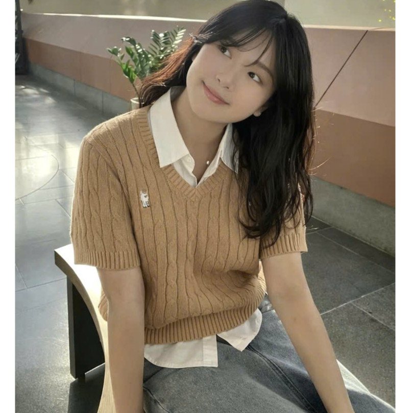 A536-Áo len thừng cộc tay cổ V màu nâu hàng nhà máy đủ tem Kho sỉ Mai Linh | BigBuy360 - bigbuy360.vn