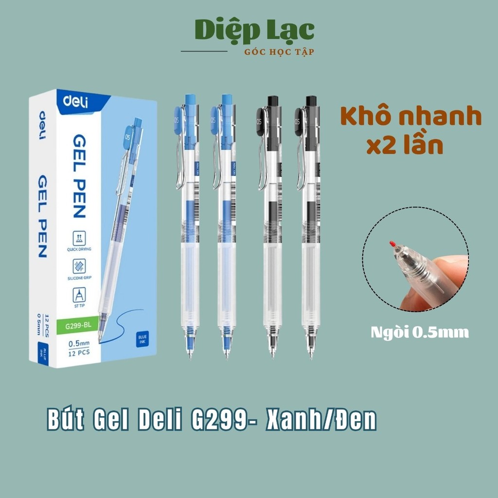 (12-3c) Bút Gel Deli CAO CẤP EG299 mực Xanh/Đen 0.5mm - Mực khô nhanh x2 lần - vpp Diệp Lạc