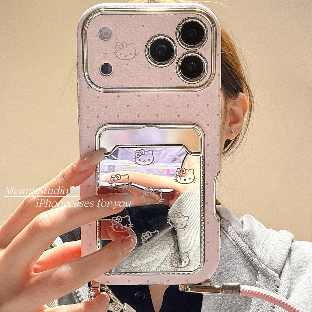 Meimu ins Phong Cách Hàn Quốc Chấm Bi Mèo Gương Đựng Thẻ Thích Hợp Cho Apple 17promax Vỏ Điện Thoại 