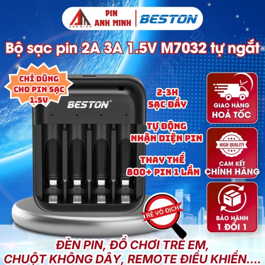 Bộ sạc pin Beston M7032 phù hợp cho cả pin 2A 3A 1.5V