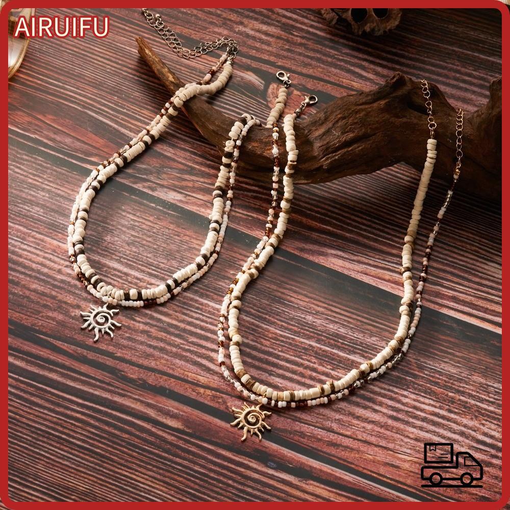 AIRUIFU Bộ Vòng Cổ Mặt Trời Hạt Gỗ Dừa Style Boho Dân Tộc, Điều Chỉnh Chiều Dài Cho Nam và Nữ