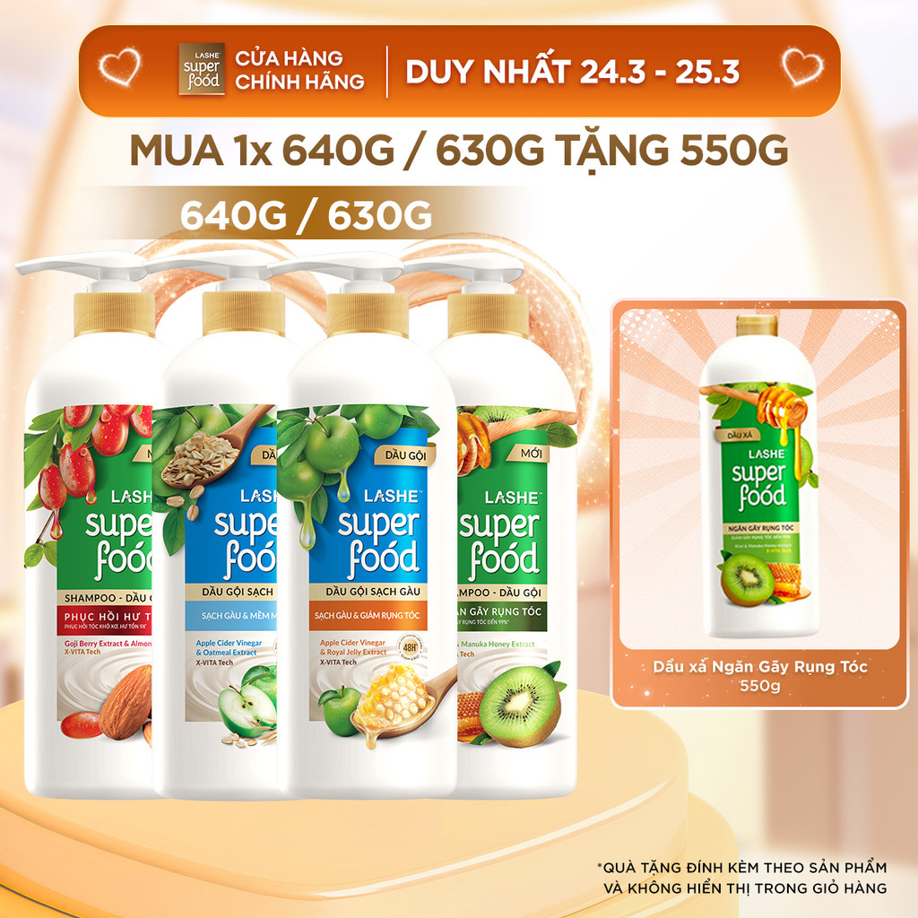 Dầu Gội LASHE SUPERFOOD Ngăn Rụng Tóc/Phục Hồi Hư Tổn/Sạch Gàu Giảm Rụng/Sạch Gàu Mềm Mượt 630G/640G + Tặng Dầu Xả 550G