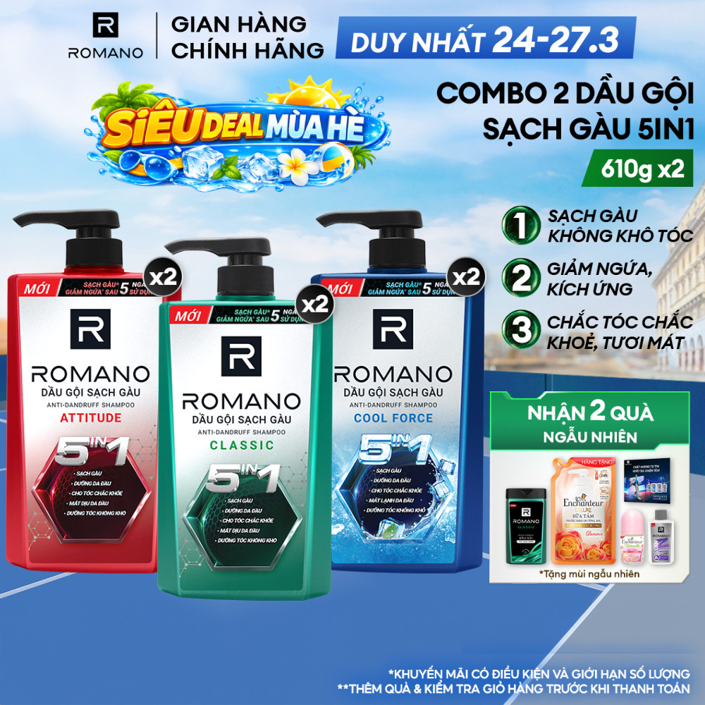 Combo 2 Dầu gội nam sạch gàu 5in1 Romano hương nước hoa Classic/ Force/ Attitude 610g / 650g