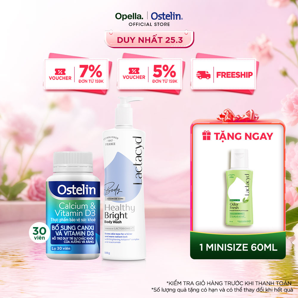 Ostelin Viên Uống Hỗ Trợ Bổ Sung Calcium & Vitamin D3 30 viên + Sữa tắm Lactacyd Healthy Bright 500m