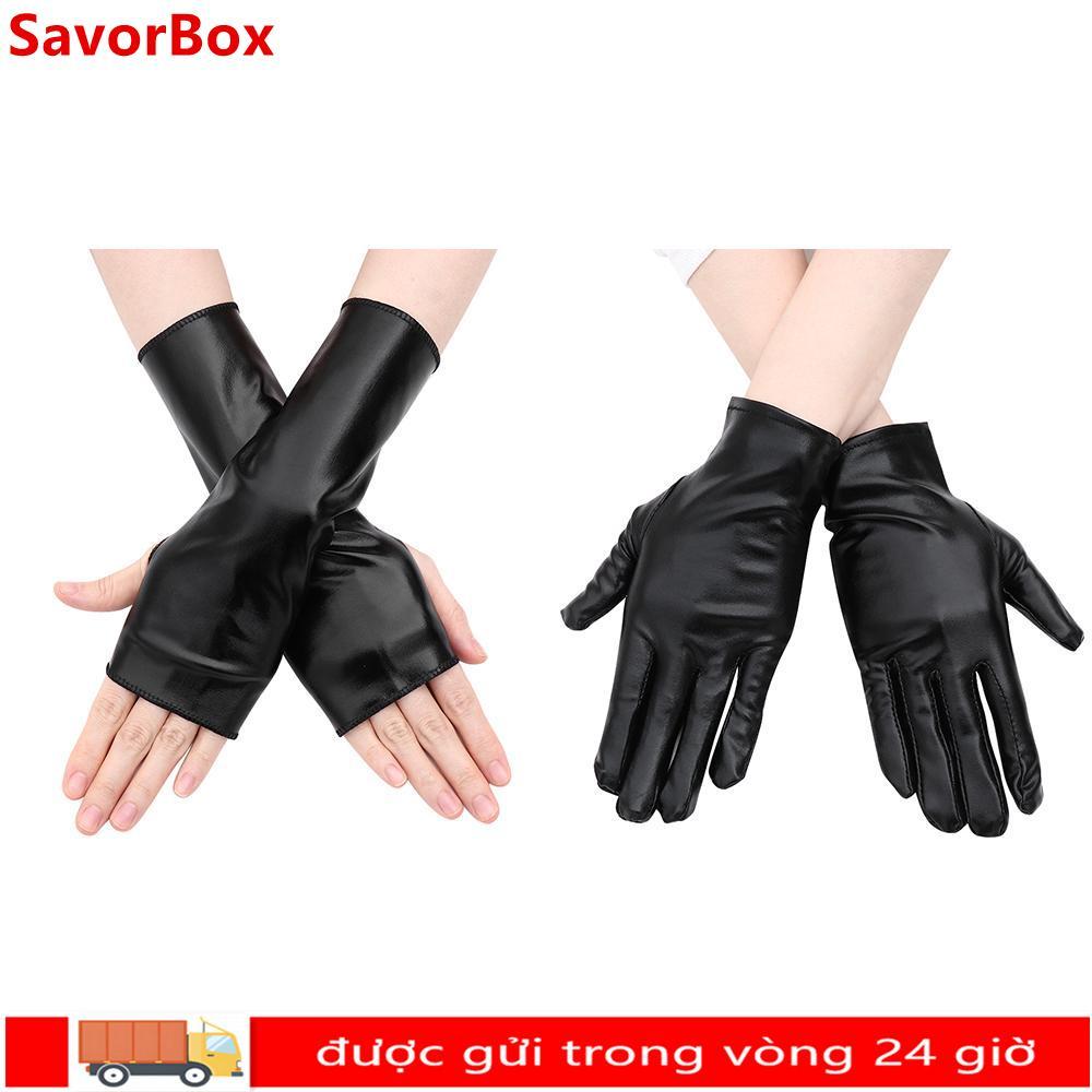 SAVORBOX Găng Tay Đen Gothic PU Mittes Gothic Punk Halloween