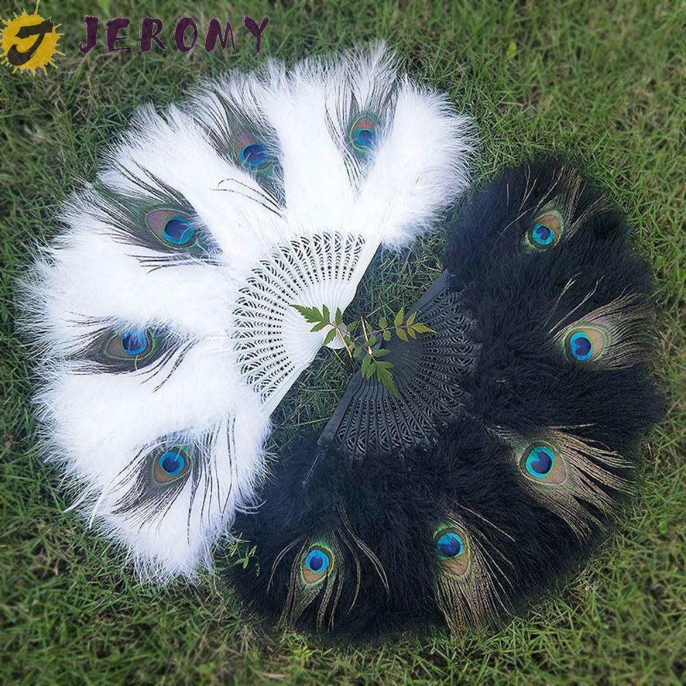JEROMY Peacock Feather Fan, With Tassel Soft Thick Feathers Folding Hand Fan, Elegant Hollow Handle 