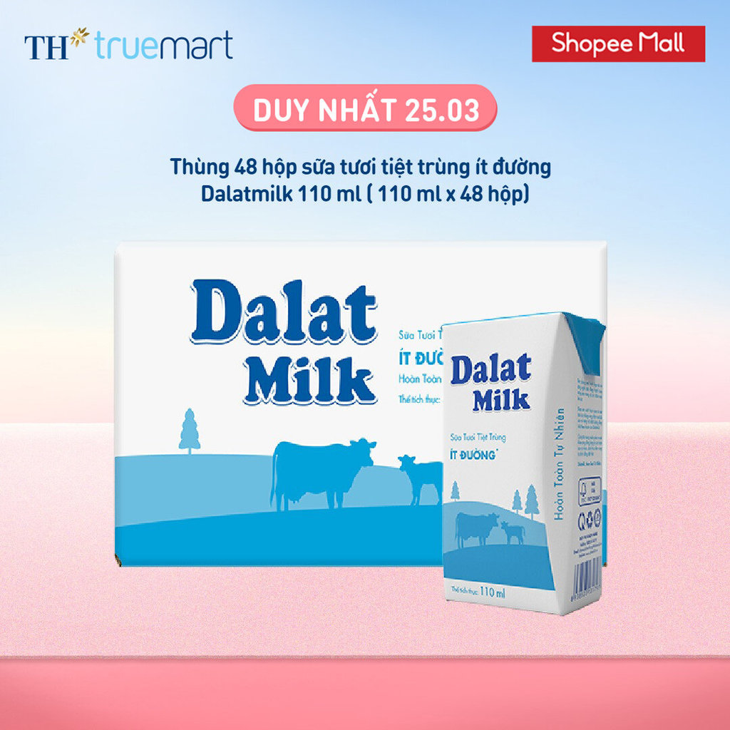 Thùng 48 hộp sữa tươi tiệt trùng Dalatmilk ít đường 110 ml (110 ml x 48)