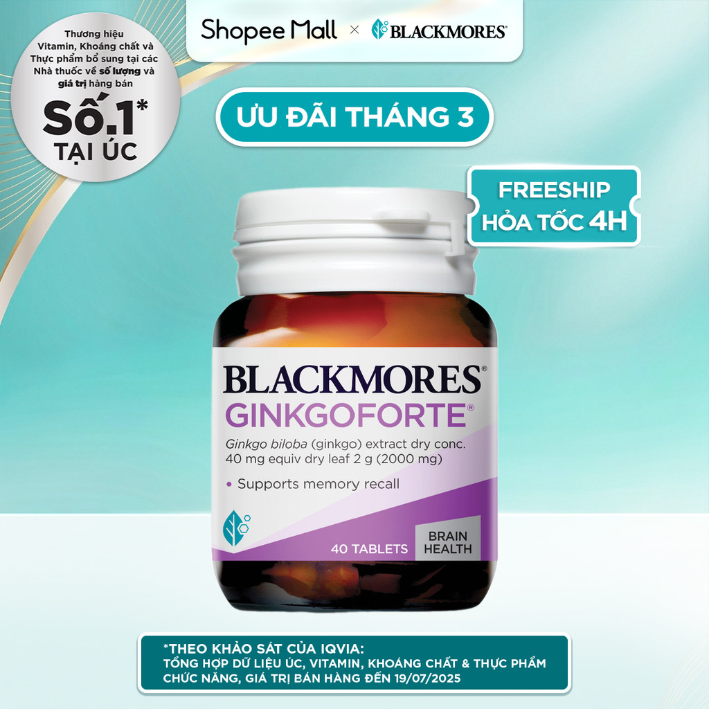 Viên Uống Hỗ Trợ Tuần Hoàn Máu Não Blackmores Ginkgoforte Lọ 40 Viên