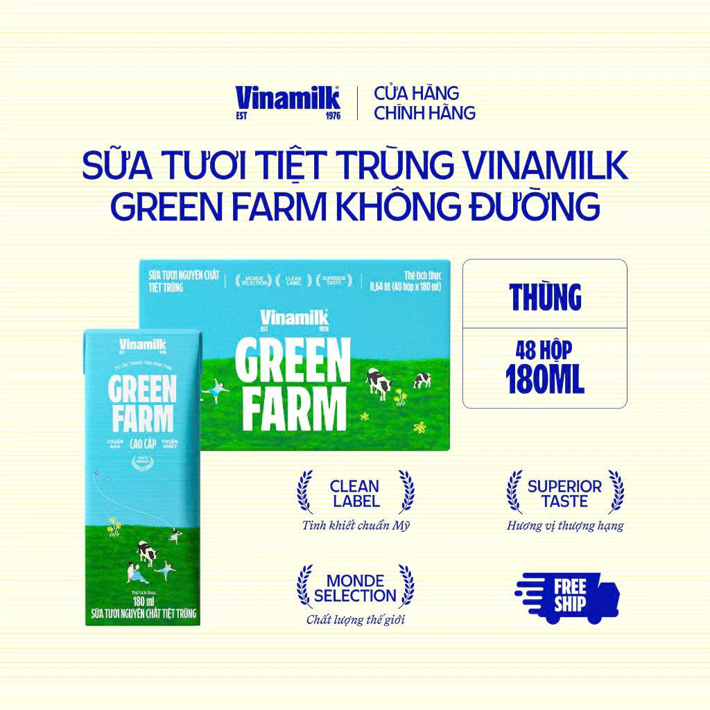 (HSD Ngày 18-T10-2026) Thùng 48 Hộp Sữa Tươi Vinamilk Green Farm Không Đường 180ml.