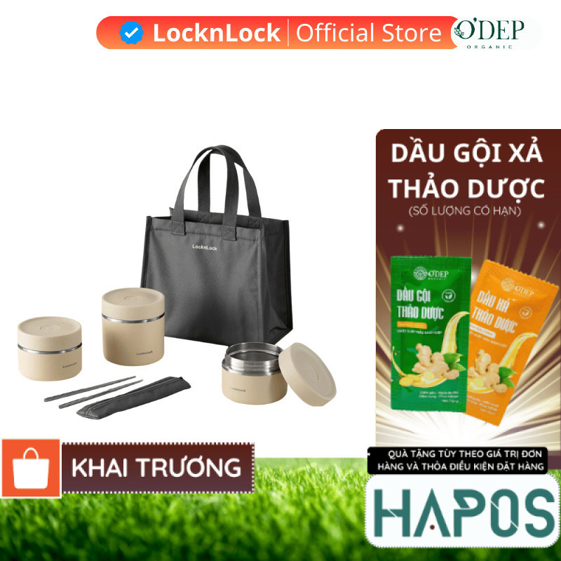 Túi hộp cơm giữ nhiệt LocknLock 3 ngăn 1.1L, Chính hãng, Kèm đũa muỗng inox Vacuum Lunch Box LHC8052
