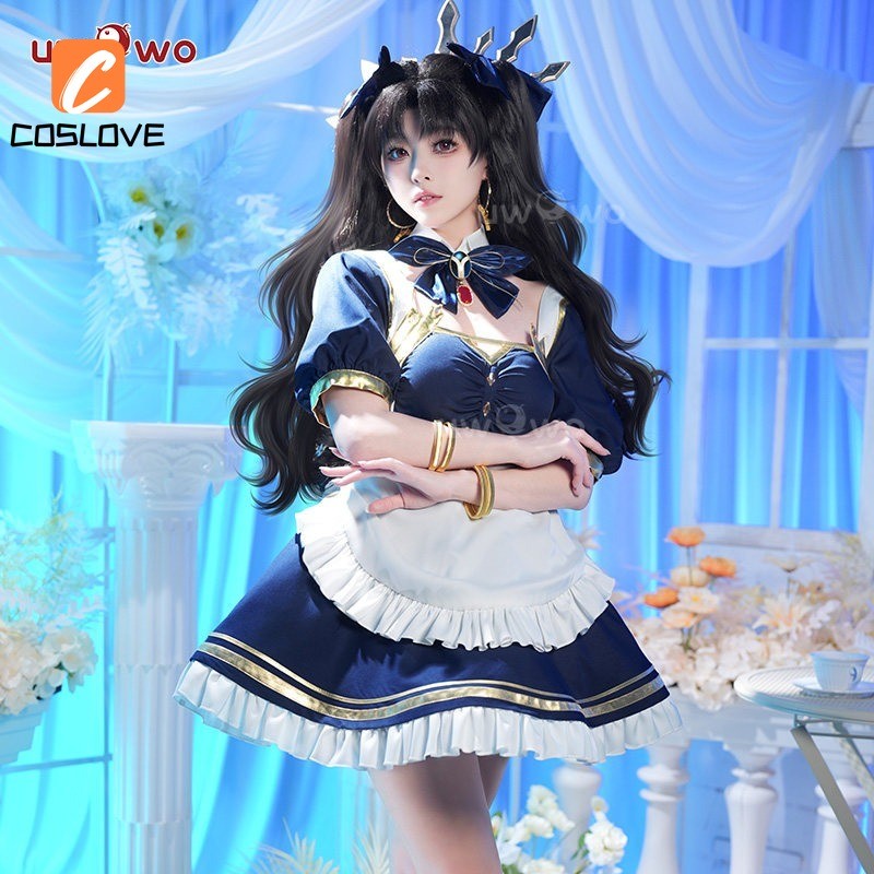 Quần áo cosplay trọn bộ Uwo FGO Archer Tohsaka Rin, váy xanh không tay cho nữ