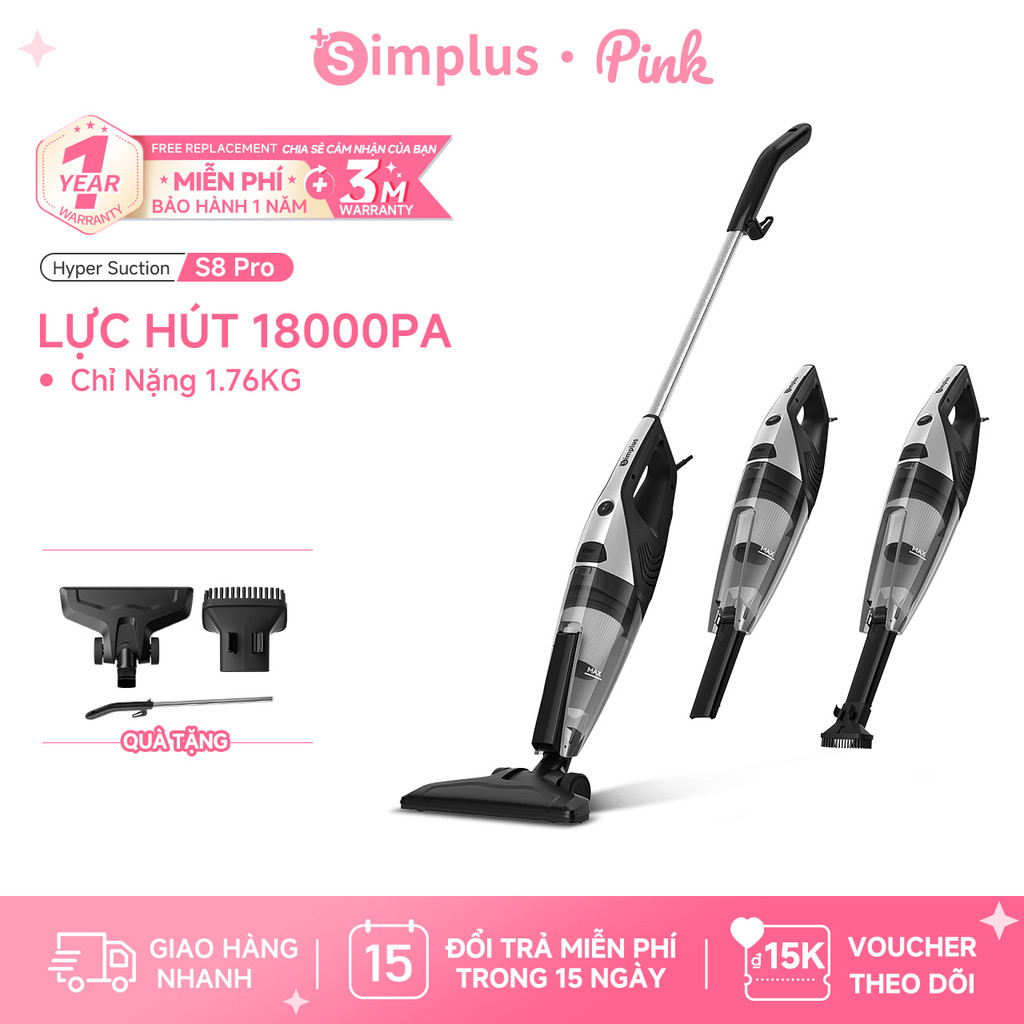 Simplus Pink Máy hút bụi 18000pa - Lực hút mạnh đa chức năng 3 đầu hút thay thế XCQH014 - Bảo Hành 1 Năm 1 Đổi 1