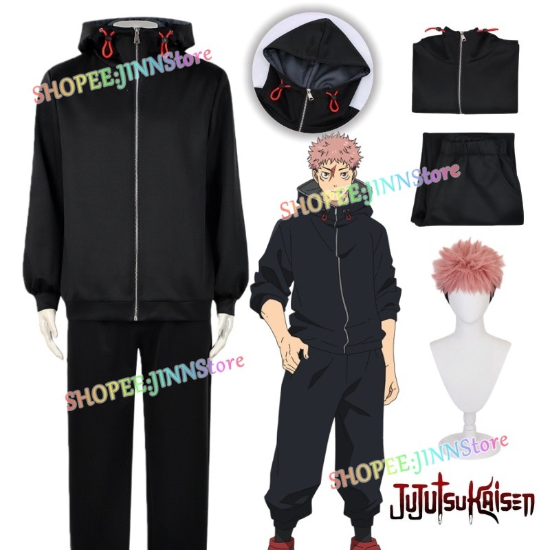 -Jujutsu Kaisen Season 3 Itadori Yuji cosplay set gồm áo hoodie đen và tóc giả manga
