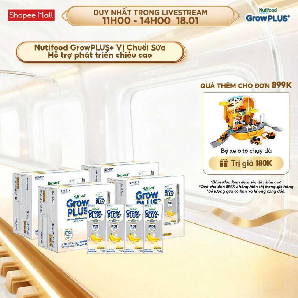 Combo 4 Thùng 24 hộp Sữa bột pha sẵn Nutifood GrowPLUS+ Vị Chuối Sữa hộp 180ml - Trên 1 tuổi