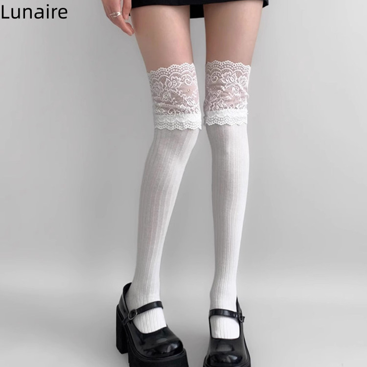 Lunaire Vớ ren dài đến đầu gối dành cho nữ, vớ trắng đến bắp chân cho mùa xuân và mùa thu, vớ dài JK