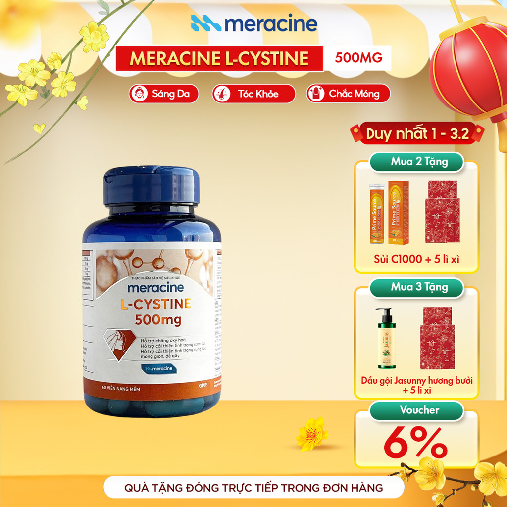 Viên uống Meracine L-Cystine 500mg giúp sáng da, hỗ trợ giảm nám, giảm mụn, rụng tóc, giảm gãy móng 