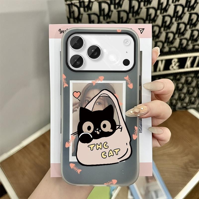 Ốp lưng Iphone Túi mua sắm cảm giác da chống rơi Mèo đen cho iPhone 16 15 11 12 13 14 pro max 7 plus