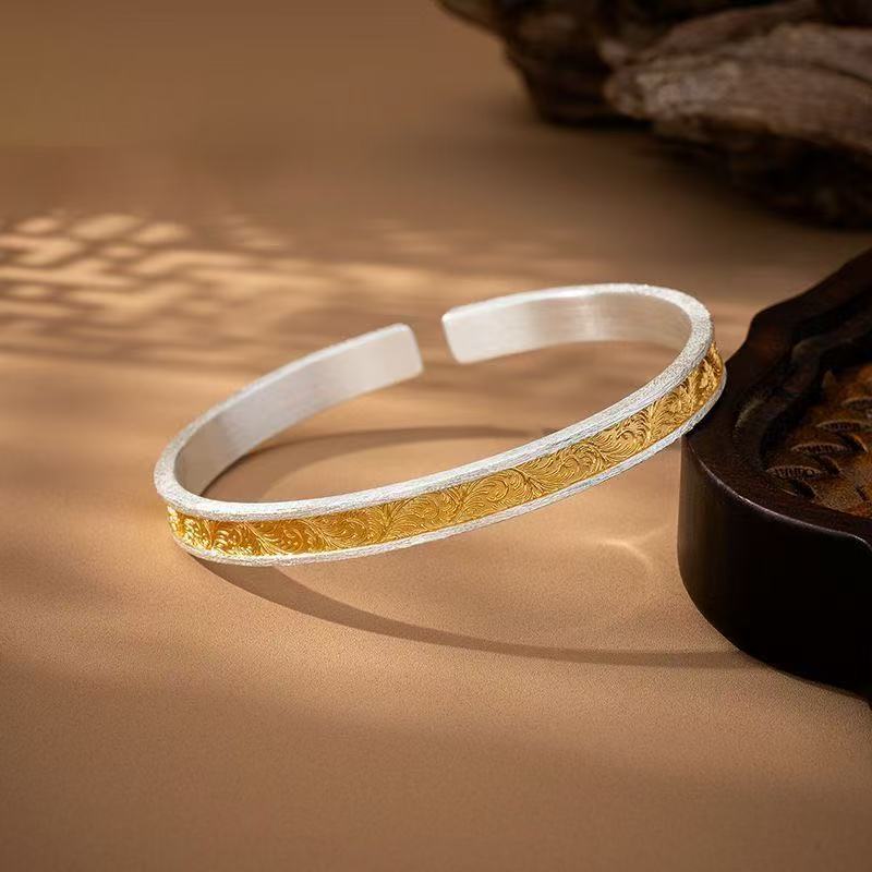 Bạc nguyên chất 9999 Vẽ Vàng Cuộn Hoa Văn Cỏ Mở Vòng Tay Nữ Cao Cấp Phong Cách Dân Tộc Phù Hợp Với Vòng Tay Bạc Sterling Cho Bạn Gái 2624LYJ