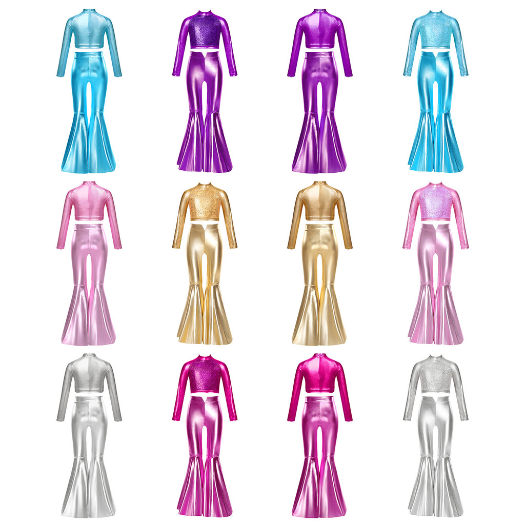 Sinleey Kids Girls Dance Performance Outfit Mock Neck Dài Tay Kim Loại Crop Top Với Chia Chuông-Bott