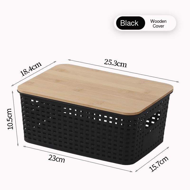 【Stackable Design】 Plastic Woven Storage Basket With Bamboo Lid For Toys/Books/Desk Organizer Multif