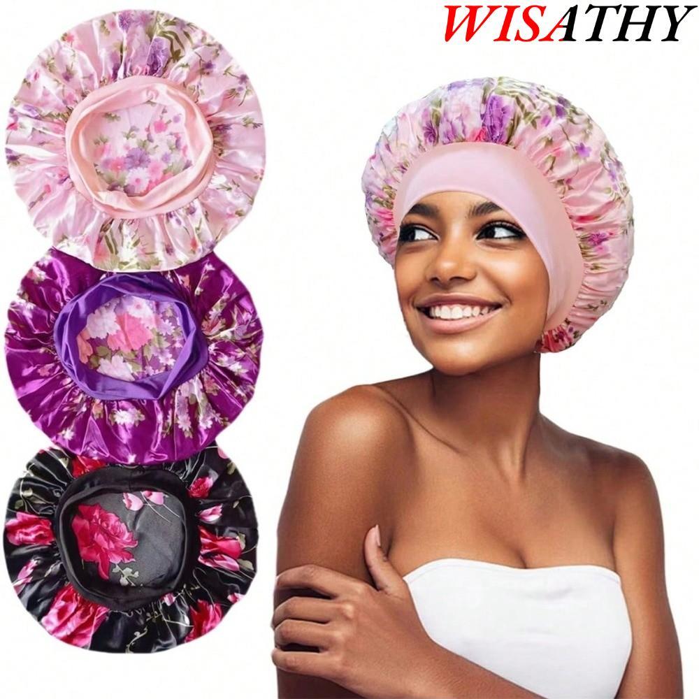 WISHY Nữ Bonnet, Viền Rộng Lụa Ngủ Bonnets, Thời Trang In Hoa Co Giãn Mũ Satin Chăm Sóc Tóc