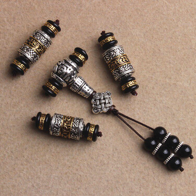 Phụ kiện trang sức tự làm Phụ kiện bạc Tây Tạng Bộ bốn mảnh với Mặt dây chuyền Dzi chín mắt 108 Wenw