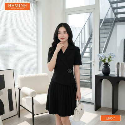 Đầm thiết kế BEMINE cổ vest vạt đắp chéo tùng váy xếp ly phù hợp đi làm-B457