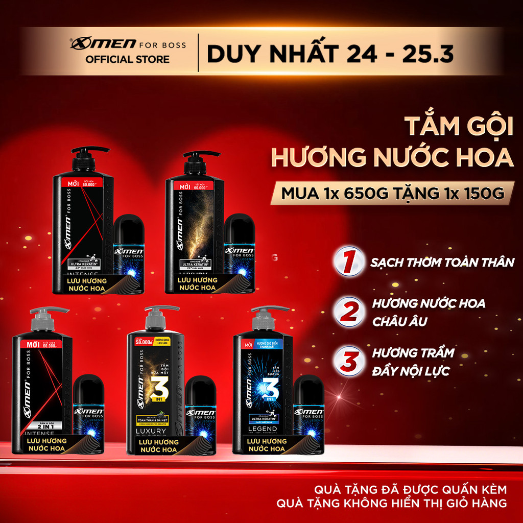 Combo Dầu gội / Tắm Gội Cho Nam Xmen for Boss 650g/650g và Lăn Legend 40ml - Hương Nước Hoa Châu Âu Lịch Lãm